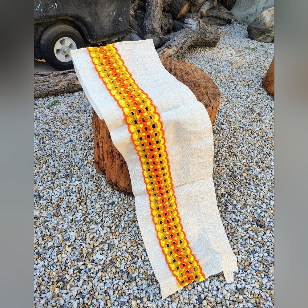 Vintage Burlap And Crochet Window Valance Kitschy Retro Yellow Orange And Gold